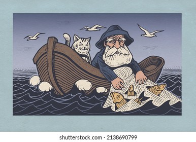 An old fisherman and his cat in a boat are fishing with a net in the sea. Raster Version Illustration.