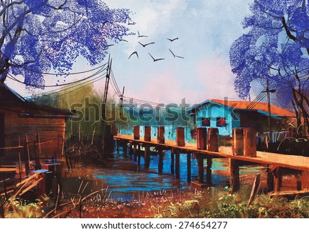 old fishing village,oil painting style,illustration