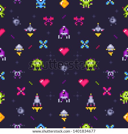 Old games seamless pattern. Retro gaming, pixels video game and pixel art arcade. Robot invader or space invaders pixelation computer game. 8 bit  background illustration
