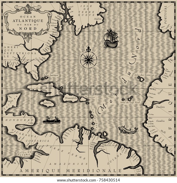 Old Geographic Map Atlantic Ocean Region Stock Illustration 758430514