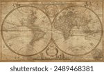 Old geographical map of the world of the 18 century. Collage. A good background for design on the theme of travel, geography, history, voyage, etc. Ancient map background.