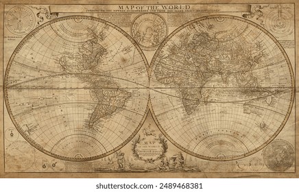 Old geographical map of the world of the 18 century. Collage. A good background for design on the theme of travel, geography, history, voyage, etc. Ancient map background. - Powered by Shutterstock