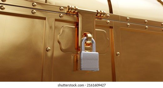 Old Golden Pirate Trunk Closed And Locked. Treasure Chest Padlock Close Up View. Safe Fortune, 3d Render