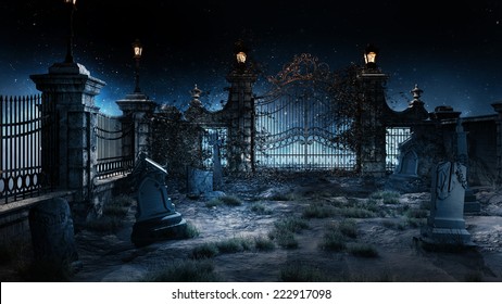 Old Gothic Cemetery With Iron Gate And Lantern.
