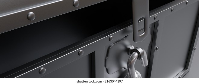 Old Gray Color Pirate Trunk Opened And Unlocked. Treasure Chest Open Padlock Close Up View. Safe Fortune, 3d Render