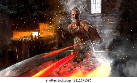 An old gray-haired elf blacksmith works in a workshop, he forges a sword. He's wearing an apron and gloves. sparks and smoke from the coals and from the heat of the furnace fly in the air.2d art