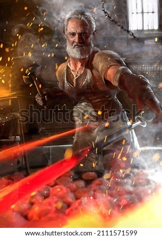 An old gray-haired elf blacksmith works in a workshop, he forges a sword. He's wearing an apron and gloves. sparks and smoke from the coals and from the heat of the furnace fly in the air.2d art