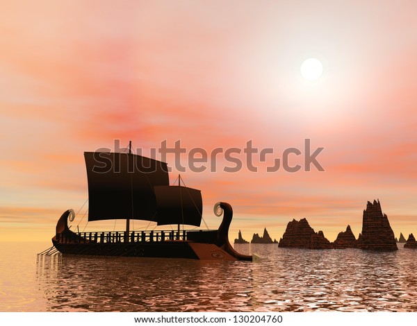 Old greek trireme boat on the ocean next to rocks by sunset
