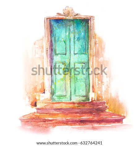Old green doors watercolor illustration
