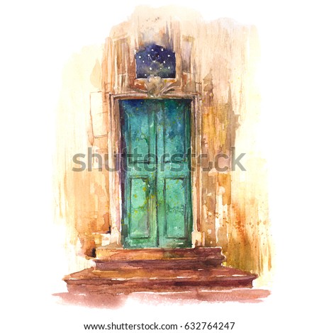 Old green doors watercolor illustration