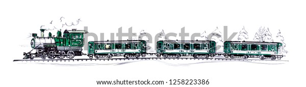 An old\
green steam train and three cars under falling snow in a snowy\
forest. Drawing a ballpoint pen and felt-tip\
pen