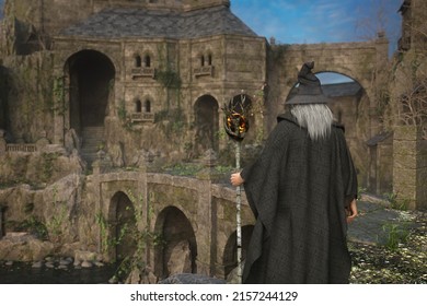 Old Grey Wizard Stands Before The Bridge To A Mystical Fantasy Castle. 3D Rendering.