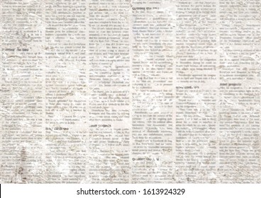Old grunge newspaper paper textured background. Blurred vintage newspapers texture background. Blur unreadable aged news horizontal page with place for text, images. Black and white color collage.