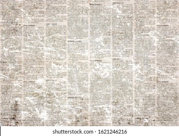 Old grunge newspaper paper textured horizontal background. Vintage newspapers texture. Newsprint typed sheet. Unreadable aged page. News collage. Rough urban style.