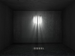 Old Grunge Prison Interior With Sun Rays Breaking Through A Barred Window