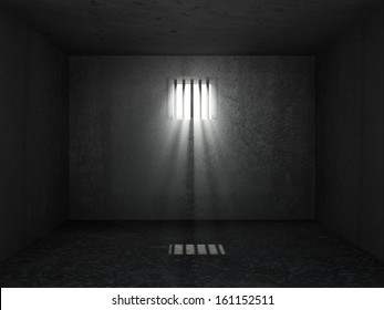 Old Grunge Prison Interior with sun rays breaking through a barred window