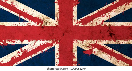 Old grunge UK flag with blood stains. National flag of Great Britain with bloody splatters. Retro vintage style texture. Large image.