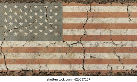 Old grunge vintage dirty faded shabby distressed American US national flag background on broken concrete wall with cracks