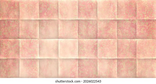 Old grungy crumpled  square sheet of wrinkled paper in distressed pale pink peach orange with leaves pattern design. Soft pastel pink wrapping paper with empty space for your text	