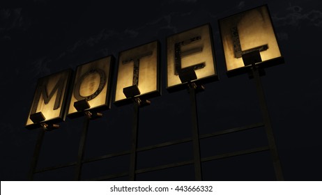 Old Grungy Motel Sign On The Road At Night 3D Illustration