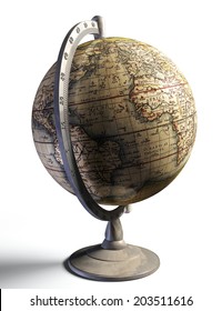old history map on metal globe on white background