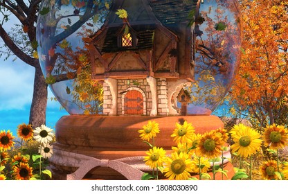 Old house in a beautiful fairy tale glass bead_3d rendering