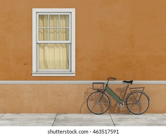 Old House With Double Hung Window And Bicycle - 3d Rendering