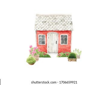 Old House, Flowers, Plants Hand-draw Watercolor Illustration Isolated On White Background. Hand Painted Elements. Perfect For Cards, Logo, Posters, Textile And Wedding Design, Stickers.