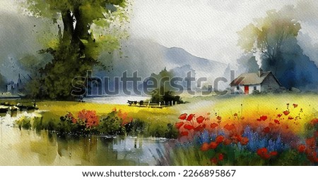 Old house in the woods, watercolor painting of a landscape in the morning, landscape with flowers and grass