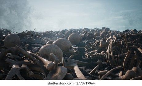 Old human skulls and bones left over from the battle. The concept of war and the Apocalypse. 3D Rendering