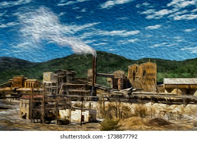 Old Industrial Plant With Chimney In The Middle Of Forest On The Way Of St. James. A Famous Pilgrimage Route Leading To Santiago De Compostela In Northern Spain. Oil Paint Filter.