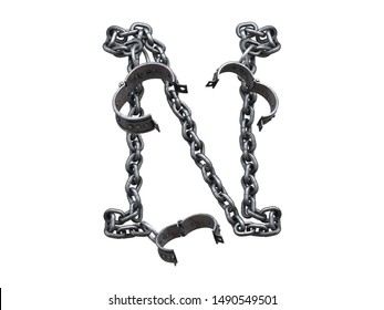 Old Iron Arm Shackles On A Chain Font. 3d Rendering