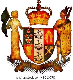 Old Isolated Over White Coat Of Arms Of New Zealand