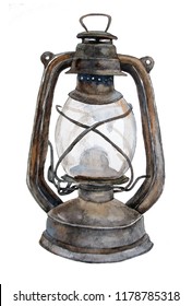 Old kerosene lamp painted in watercolor on a white background