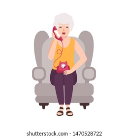 Old Lady, Elderly Woman Or Granny Sitting In Cozy Armchair And Talking On Phone. Portrait Of Grandmother At Home. Smiling Female Cartoon Character Isolated On White Background. Illustration