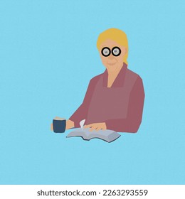 An Old lady wearing glasses, reading Bible, drinking a cup of coffee - Powered by Shutterstock