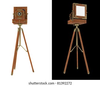 Old Large Format Camera On Tripod Isolated On White