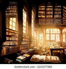 Old Library With A Lot Of Bookshelves, Cabinet With Many Books Digital Illustration, Golden Light From Big Window In Dark Room, Magical Archive Of Knowledge Concept Art