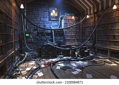 Old library energy preload, complete scene for background. 3D rendering illustration.
