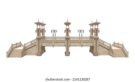 Old Light Brown Stone Bridge In Ornate Architectural Style With Steps On Either Side. 3D Illustration Isolated On White Background.