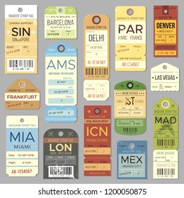 Old Luggage Tag Or Retro Label With Flight Register Symbol. Isolated Vintage Airline Baggage Tags And Airport Tickets  Set