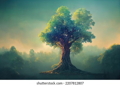 Old Magic Tree With Roots In The Forest. Digital 3d Illustration