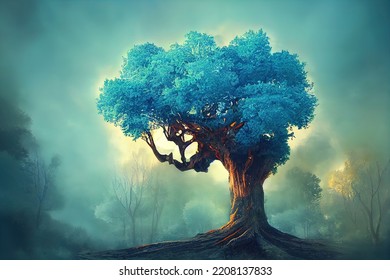 Old magic tree with roots in the forest. Digital 3d Illustration