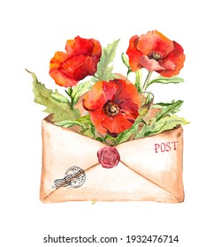 Old Mail Envelope With Red Poppies Flowers And Postal Stamps. Watercolor For Anzac Day, Memorial Design