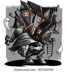 an old man and beard in big witch hat and house his shoulders backpack   ghosts  black cat  rat detailed funny digital illustration