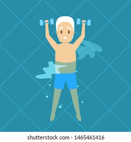 Old man doing exercise with dumbbell in swimming pool. Elderly character have an active lifestyle. Senior in water. Isolated  flat illustration - Powered by Shutterstock