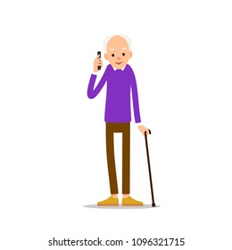 Old Man. An Elderly Man Is Standing Leaning On His Wand And Is Holding A Phone In His Hand. Cartoon Illustration Isolated On White Background In Flat Style. Full Length Portrait Of Old Human, Senior.
