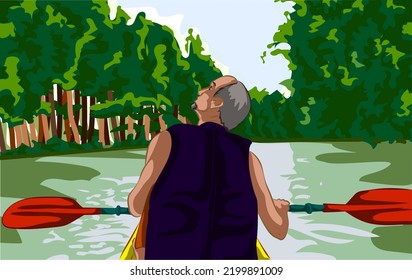 Old Man Is Kayaking Across The River