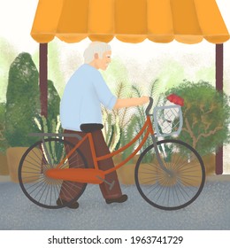 The Old Man On His Bicycle Buying Flowers For Someone He Loves