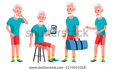 Old Man Poses Set. Elderly People. Senior Person. Aged. Sport, Fitness. Cheerful Grandparent. Presentation, Invitation, Card Design Isolated Cartoon Illustration